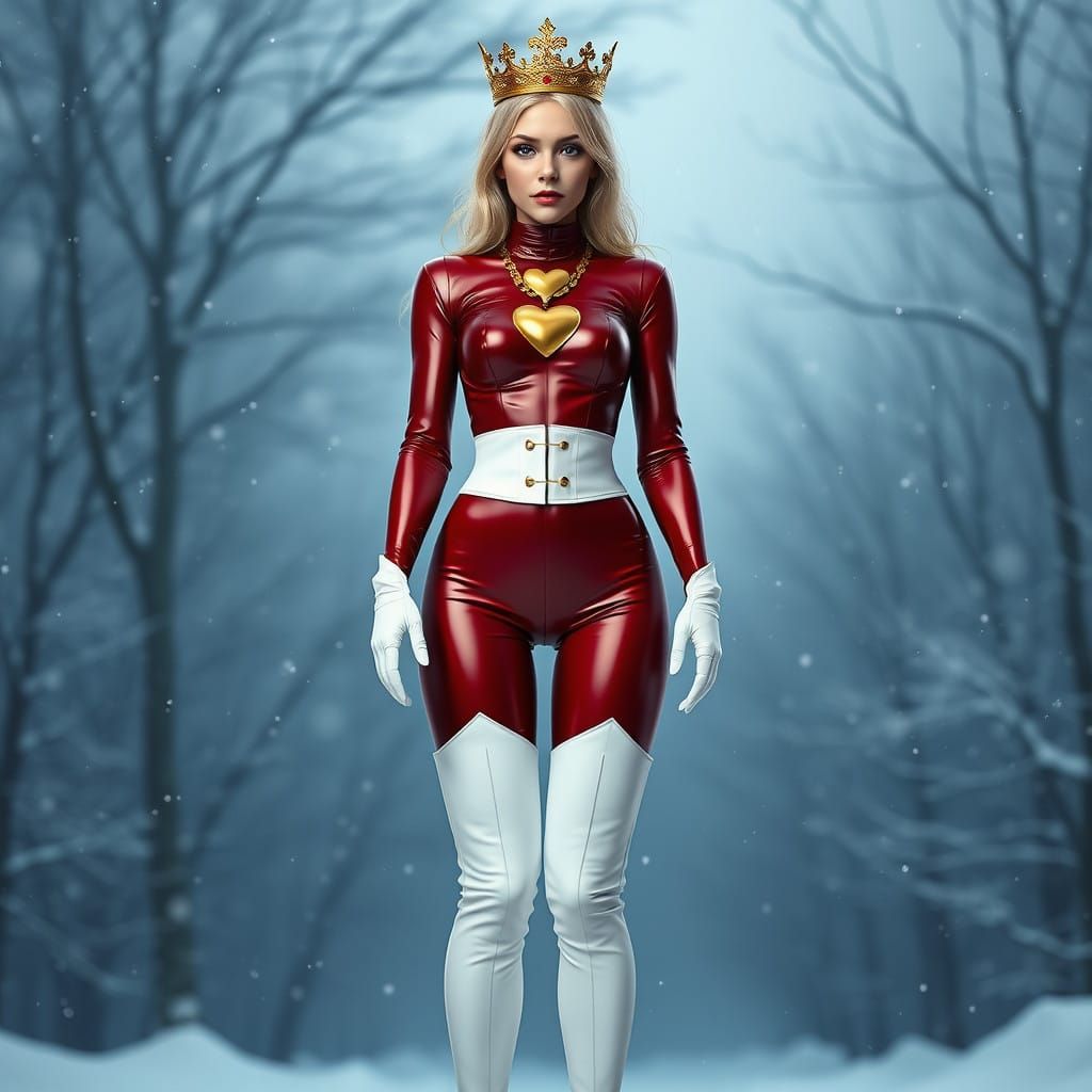 Sleek Dark Red Latex Goddess in Regal Winter Attire