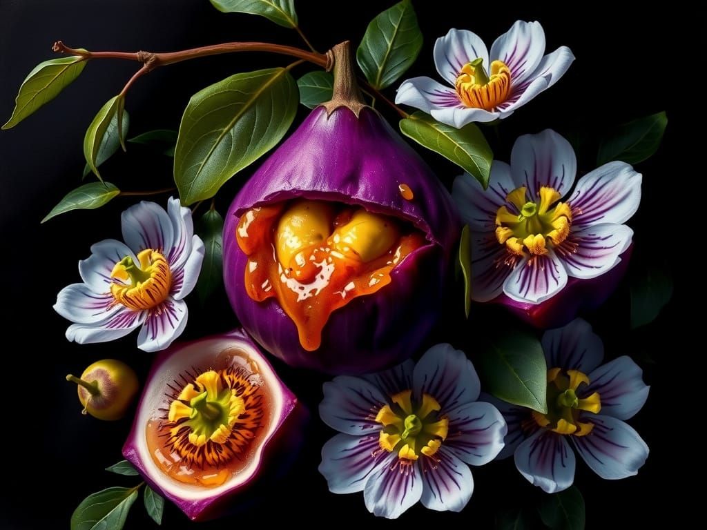 Passion Fruit and Flowers in Vibrant Botanical Realism