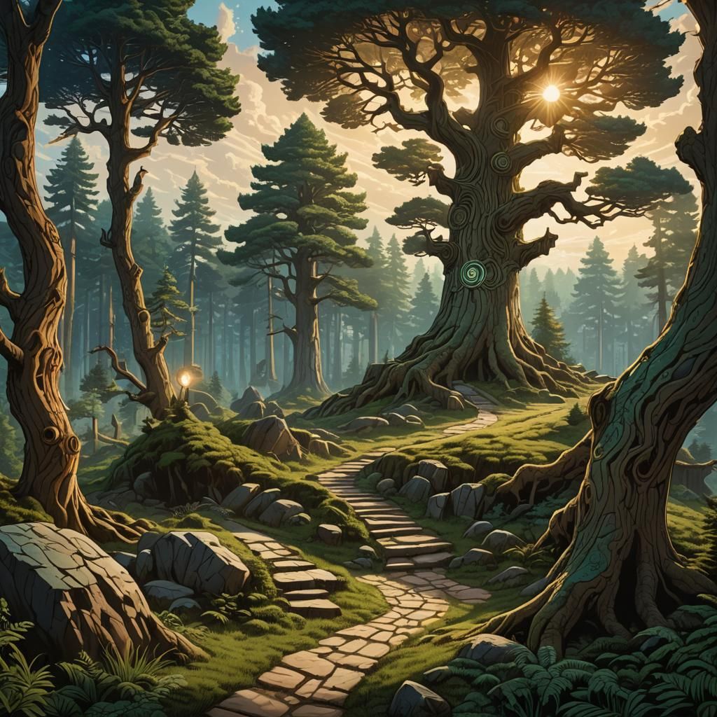 Runic Tree Carvings in Retro D&D Style