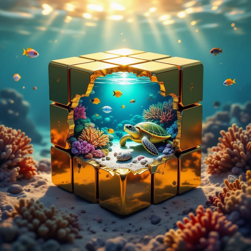 Gold Rubik's Cube Reveals Coral Reef, Cinematic Style