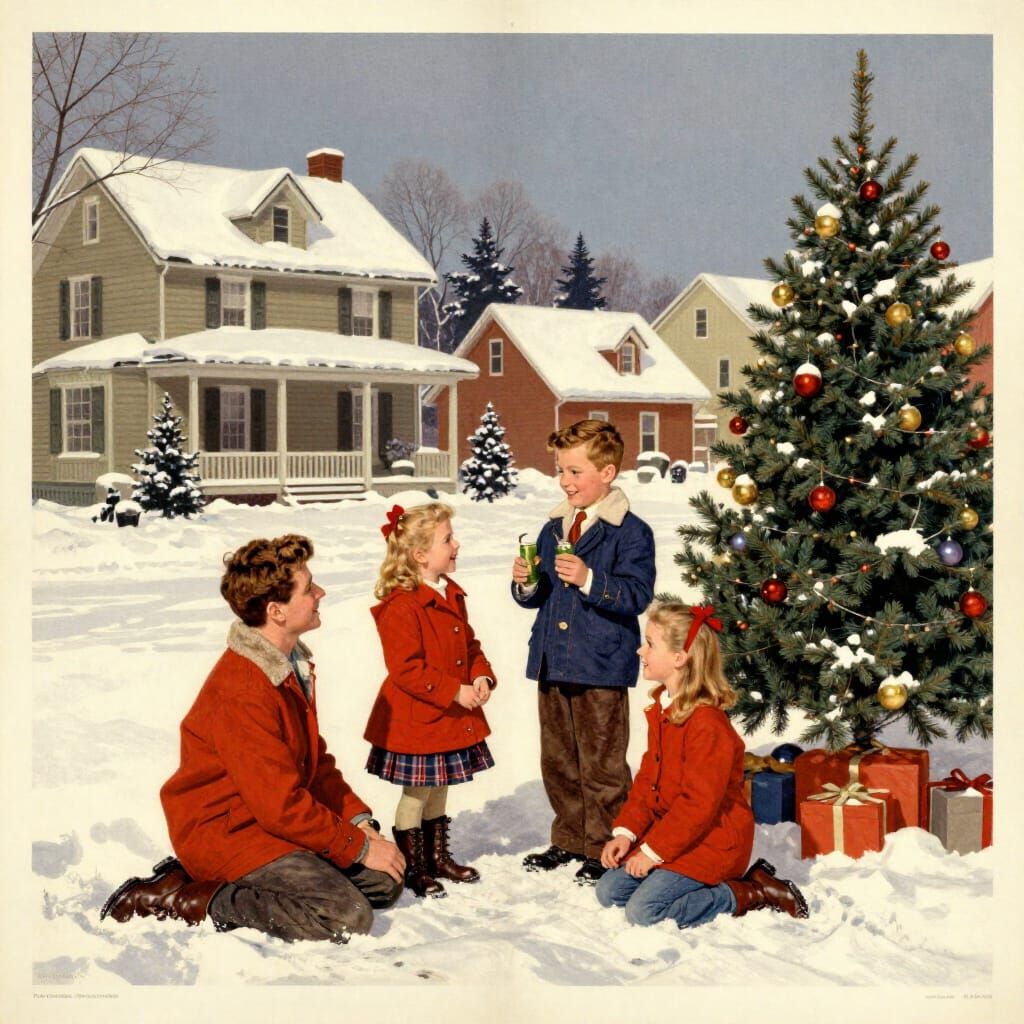 1950s American Family Winter Holiday Vintage Poster