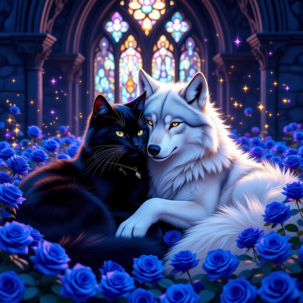 Black Cat and Blonde Wolf in Gothic Setting