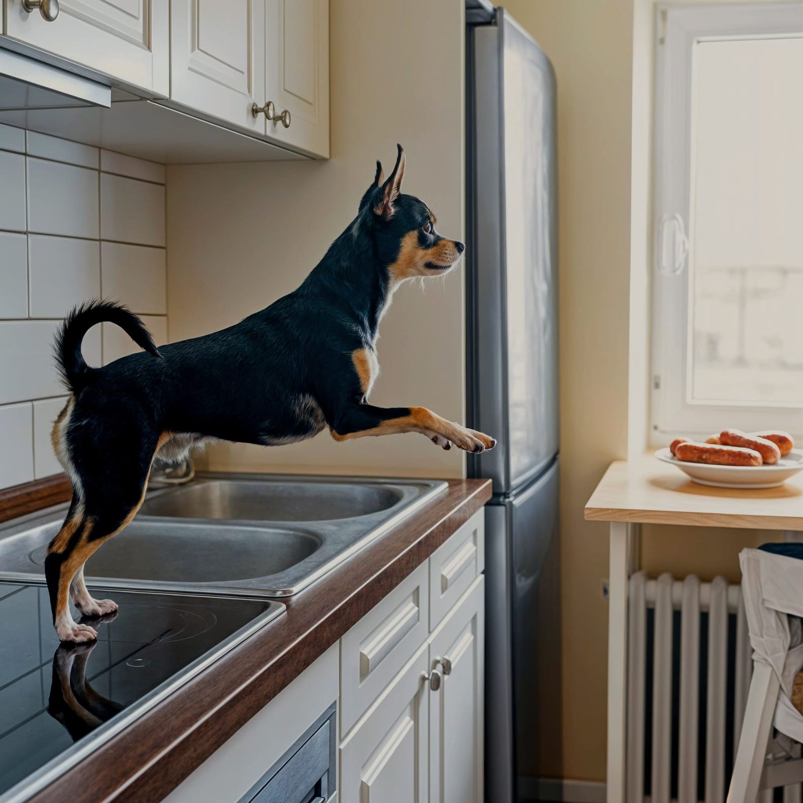 Chihuahua's Sausage Heist: A Photorealistic Kitchen Drama