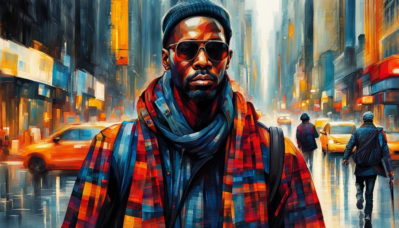 Plaid Faced Man in Vibrant Digital Art Style