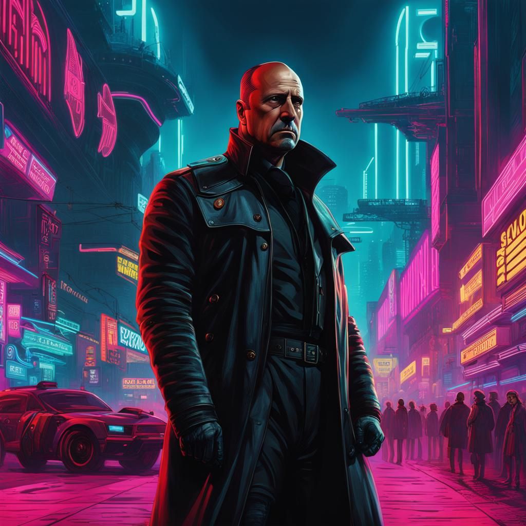 Cyberpunk Mussolini in Neon-Lit Future City