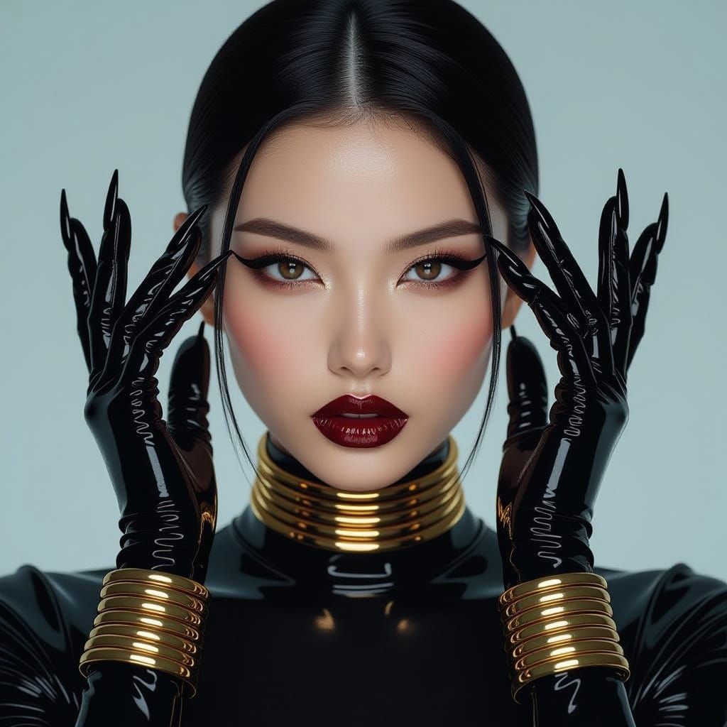 Stunning Japanese Woman in Black Latex, Golden Bangles