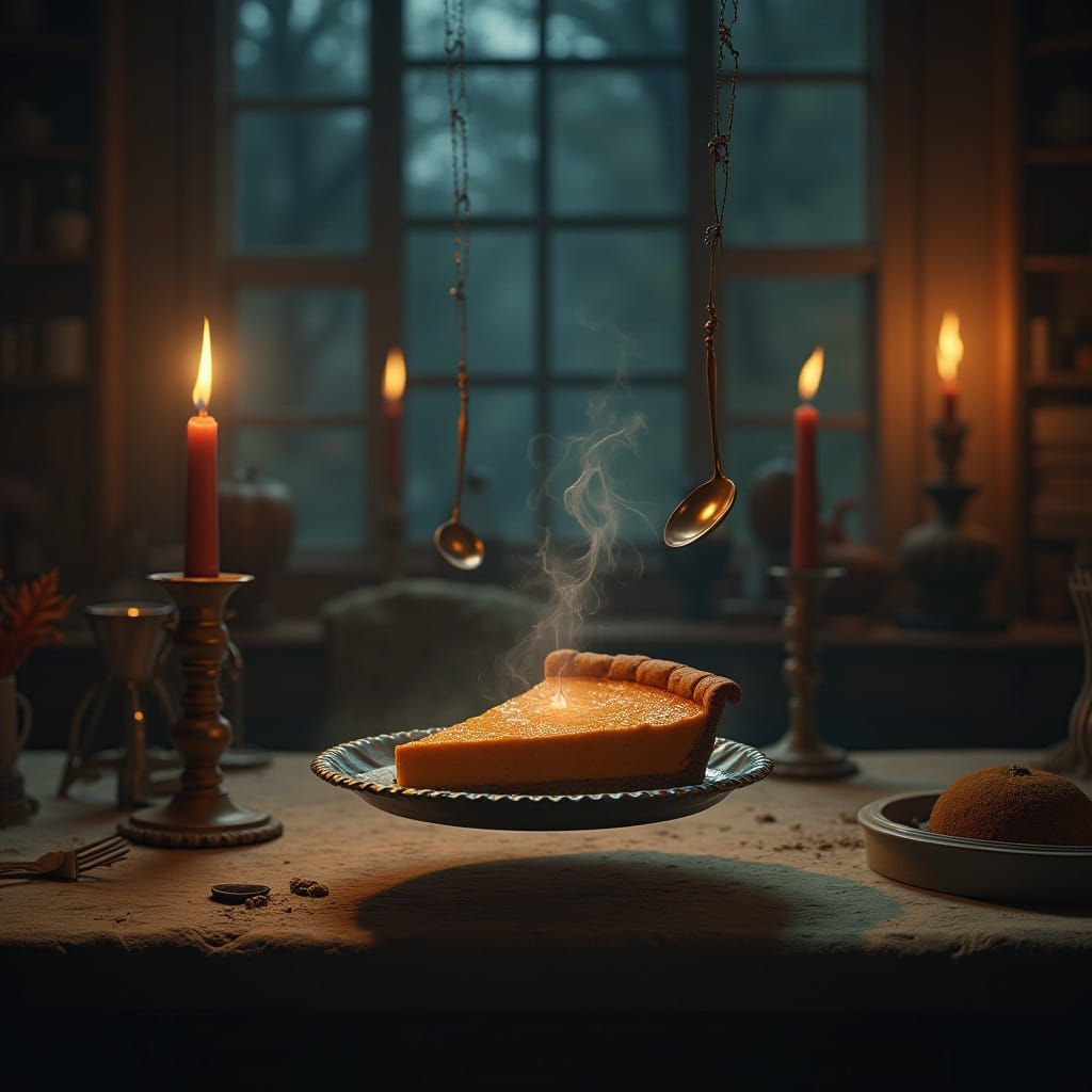 Whimsical Kitchen Scene with Levitating Pumpkin Pie and Ench...