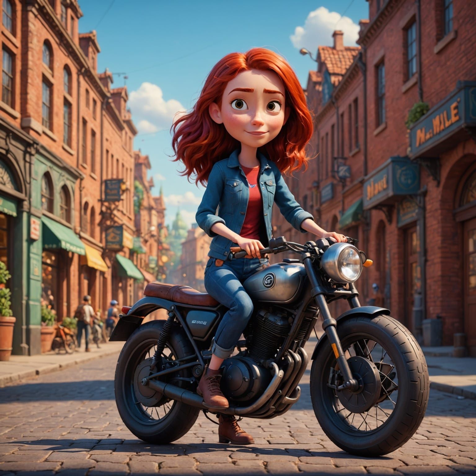 Redhead with Motorcycle: Pixar-Style 3D Art