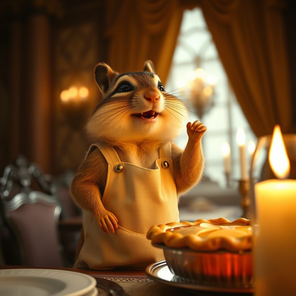 Chipmunk Sings While Serving Apple Pie in Candlelit Dining R...