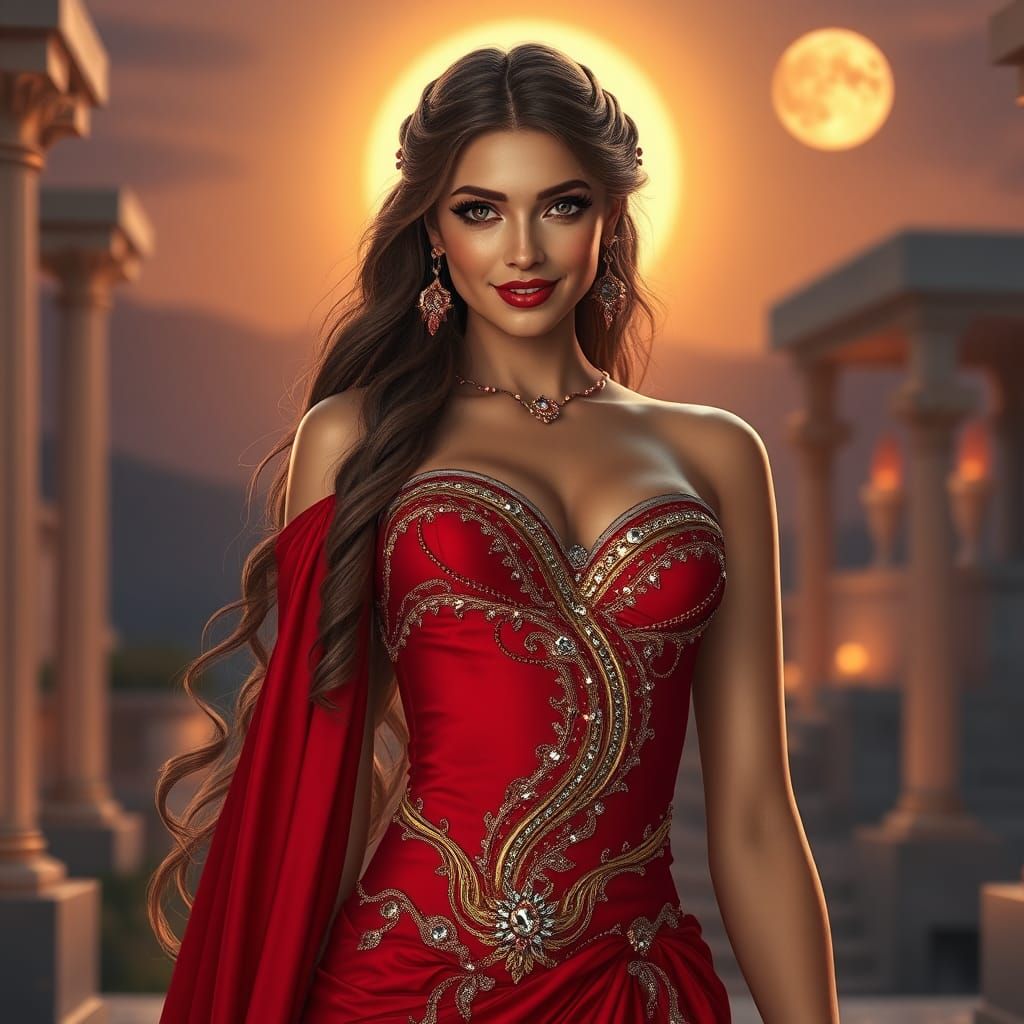 Stunning Greek Goddess in Moonlit Setting