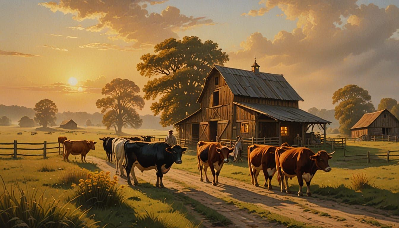 Renaissance Oil Painting of Farmer with Cattle