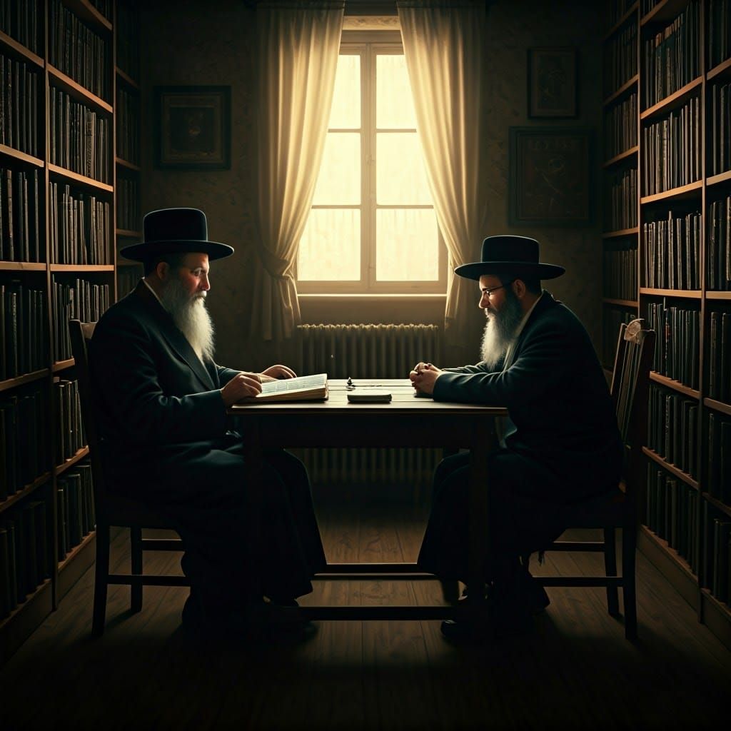 Rebbe Reading Note in Humble Book-lined Room