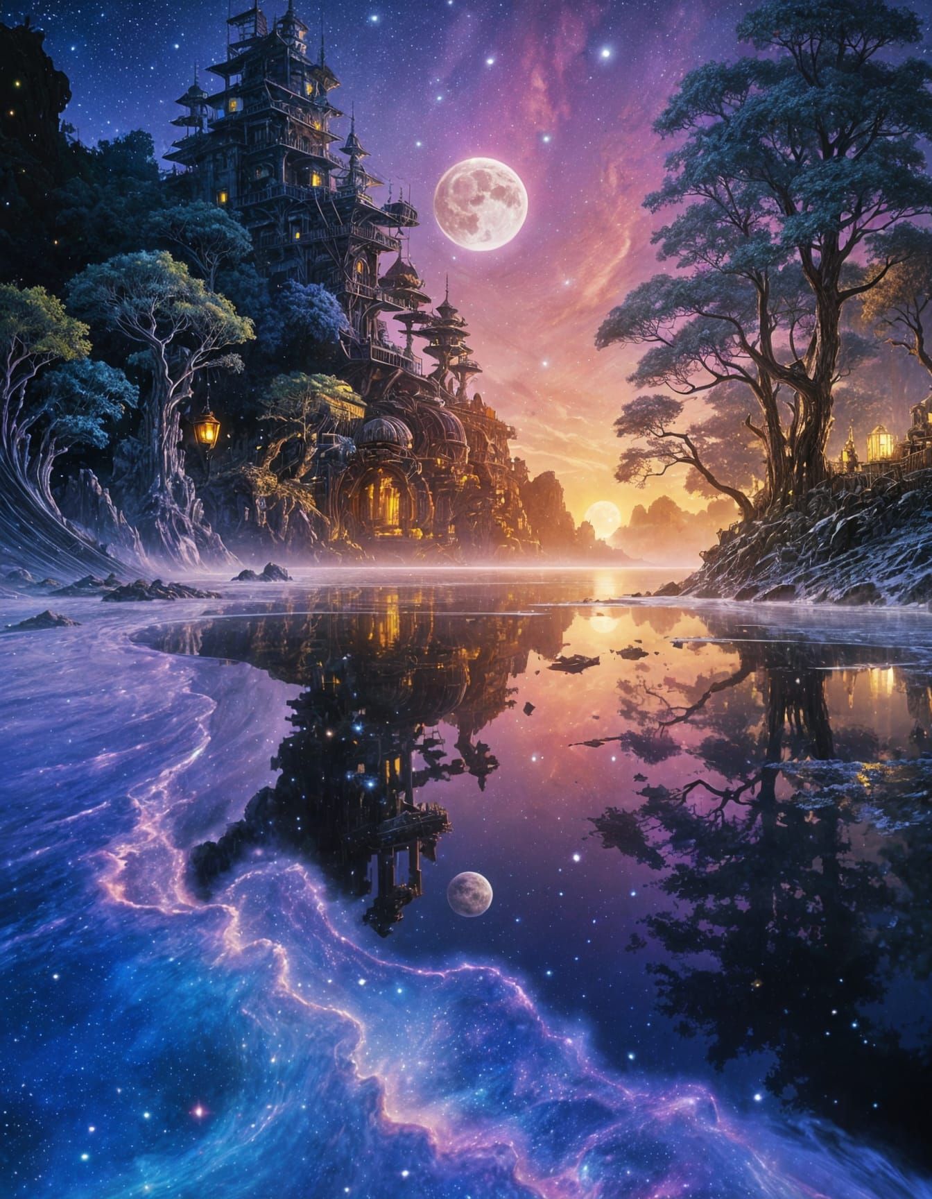 Starry Sky Over Ocean: Retro Sci-Fi Ghibli Painting