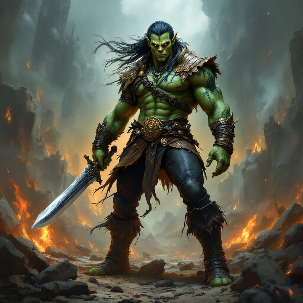 Epic Fantasy Orc Warrior in Cyberpunk Style