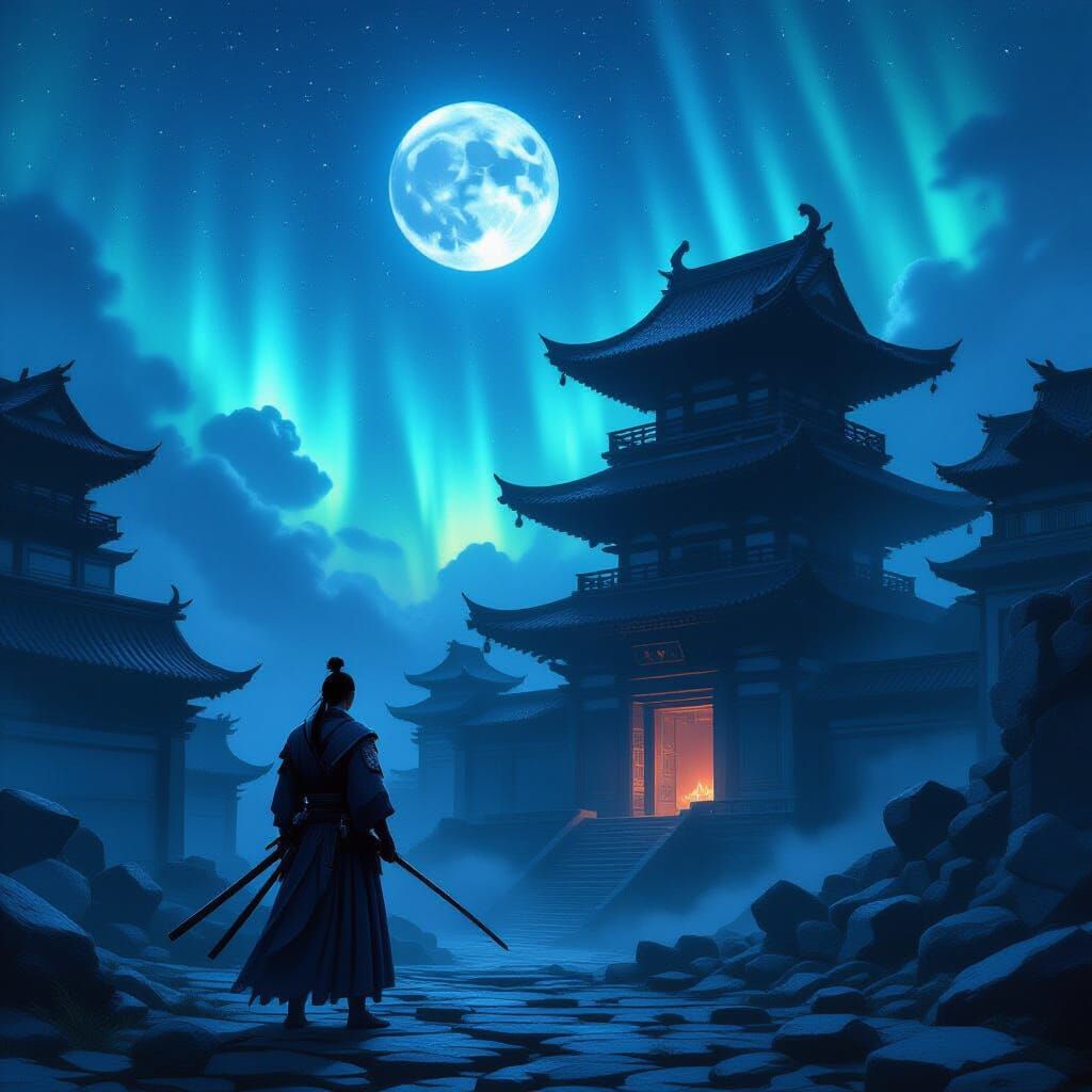 Samurai Under Cosmic Aurora at Ancient Temple