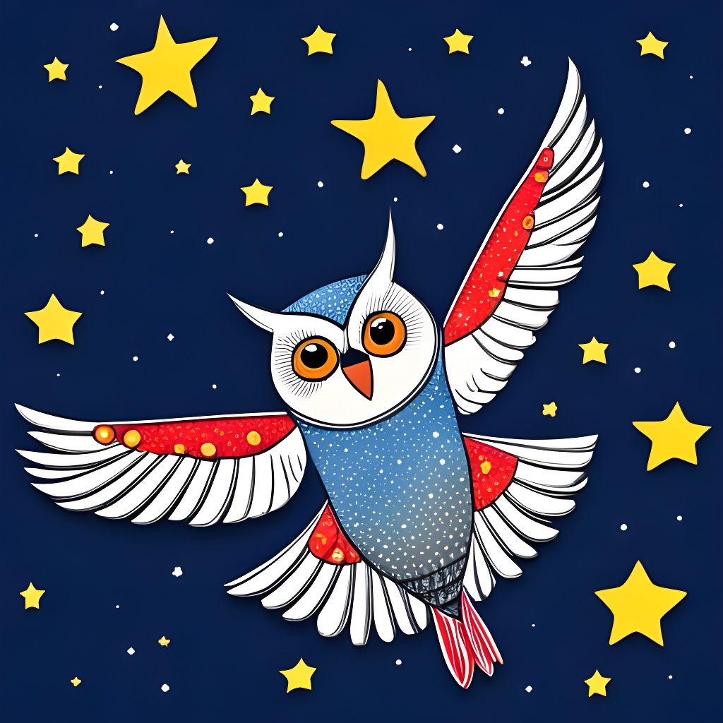 Happy Owl Flying in Starry Art Brut Sky