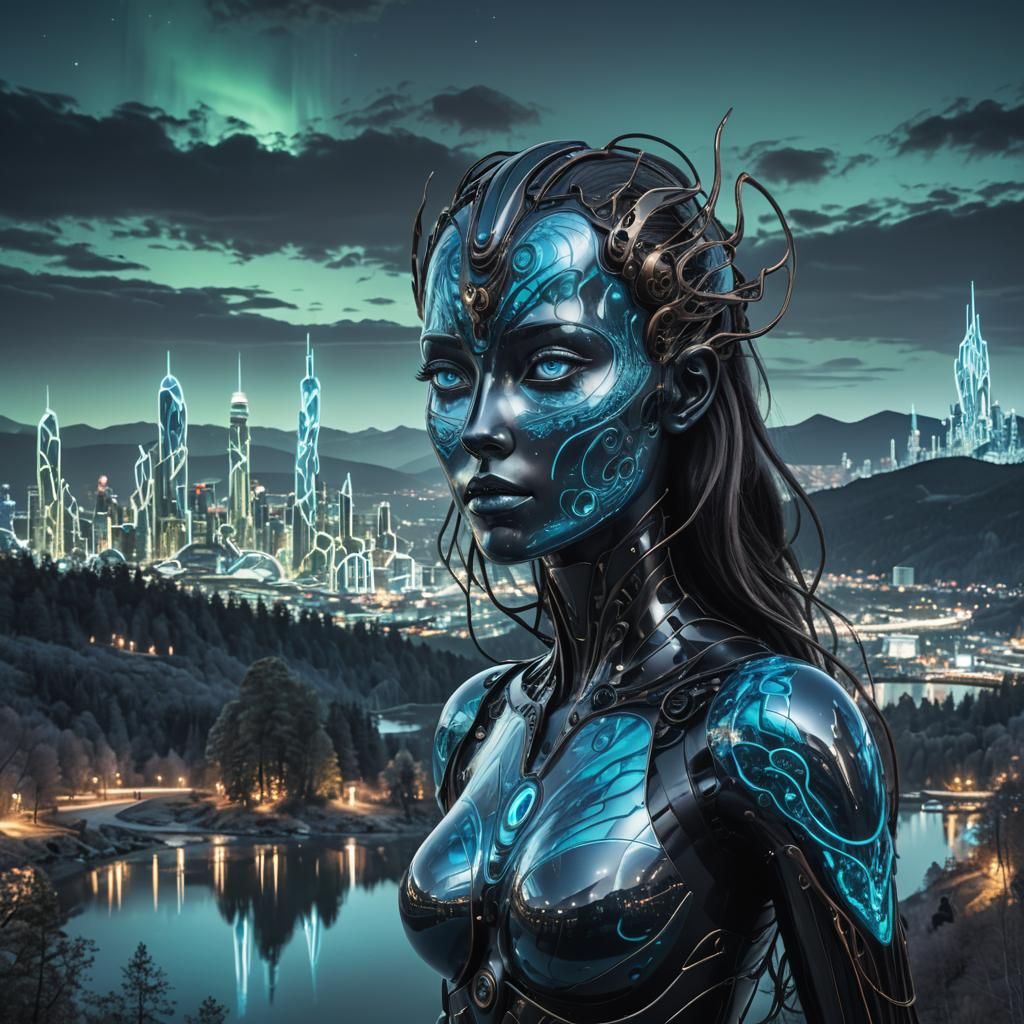 Cyborg in Cybercity with Galactic Sky