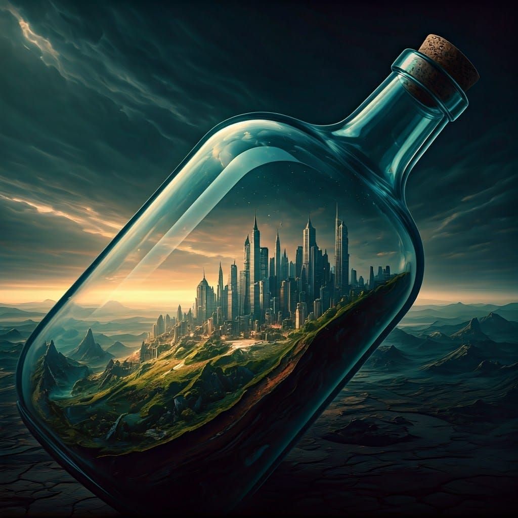 Majestic Glass Bottle Cityscape with Vibrant Microcosm