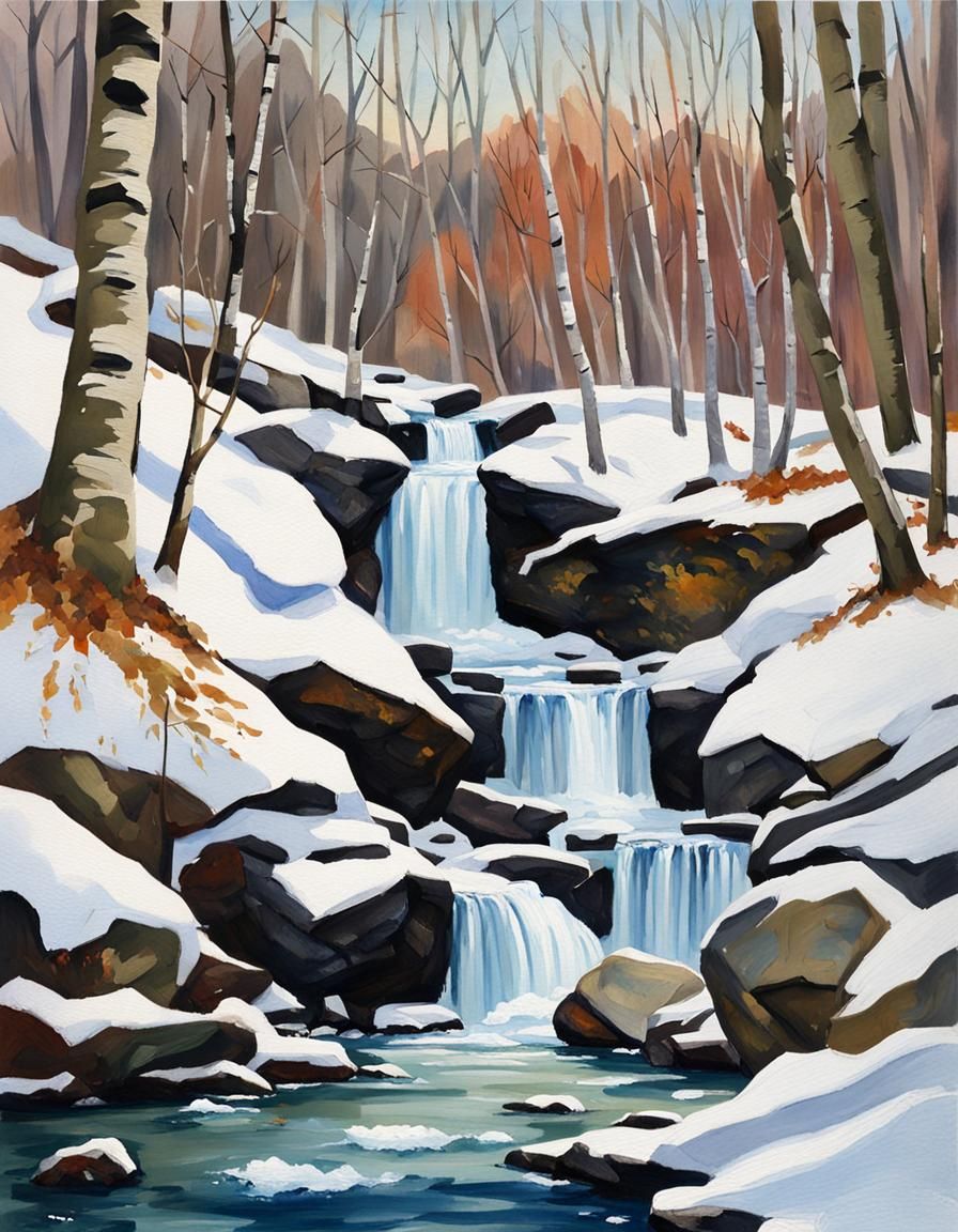Trapp Falls Winter Scene in Gouache Style