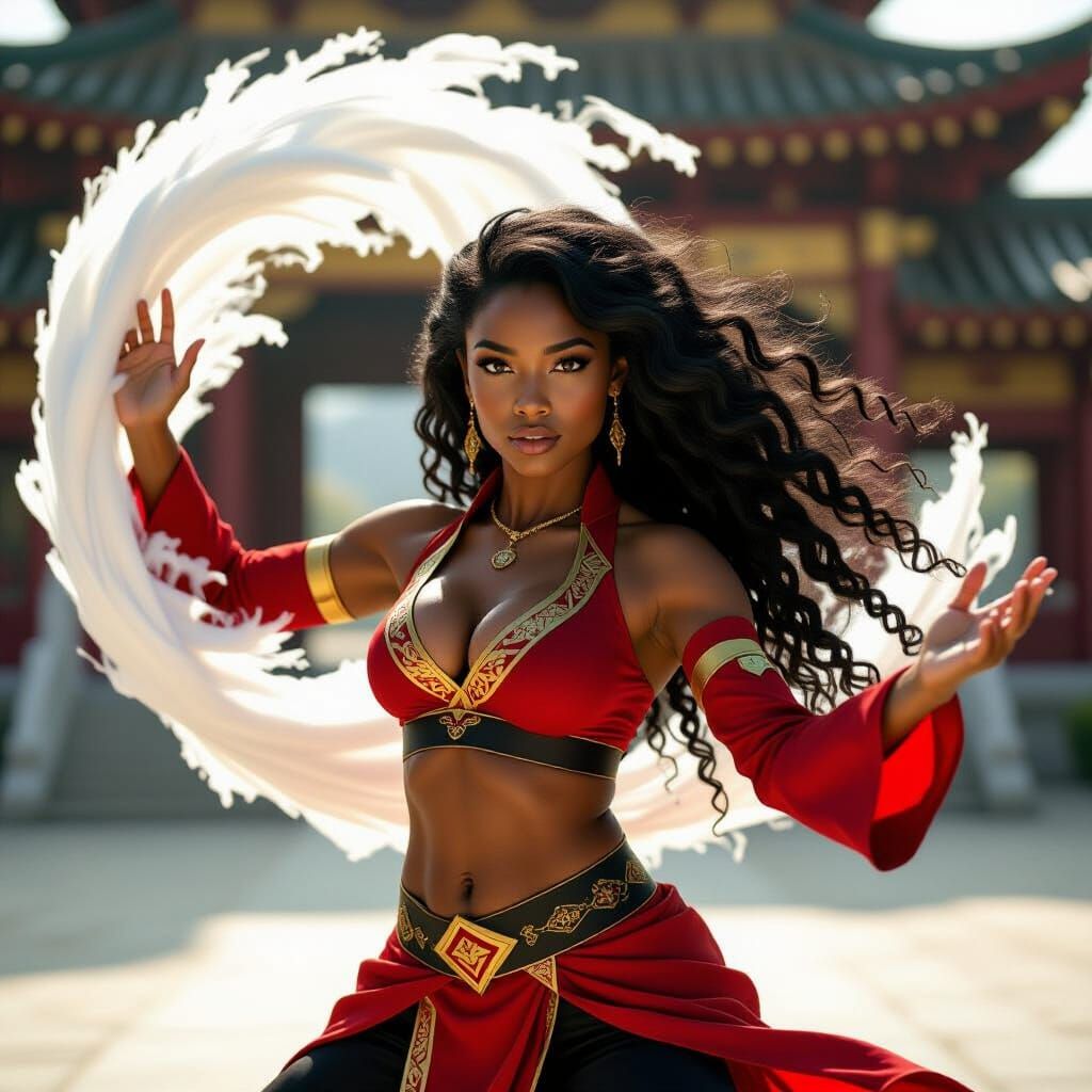 Curvy Black Woman Airbending in Golden Hour Light