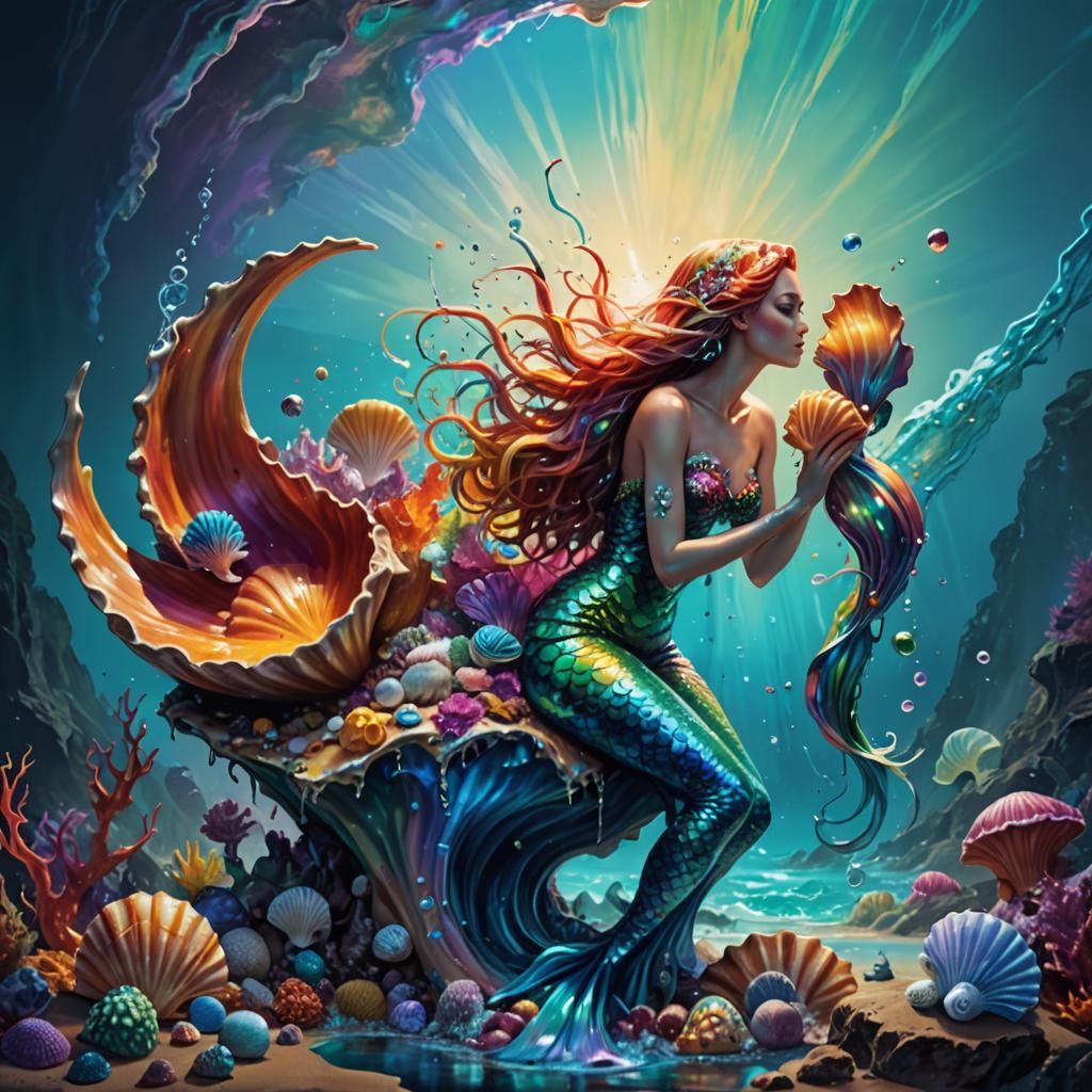 Rainbow Mermaid Attacked by Crab, Surreal Concept Art