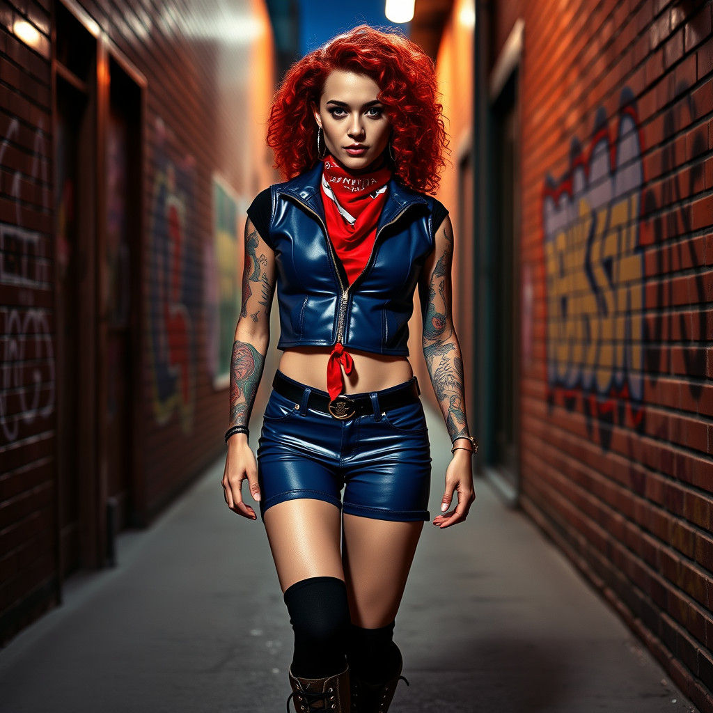 Confident Woman in Blue Latex Outfit in Urban Alley