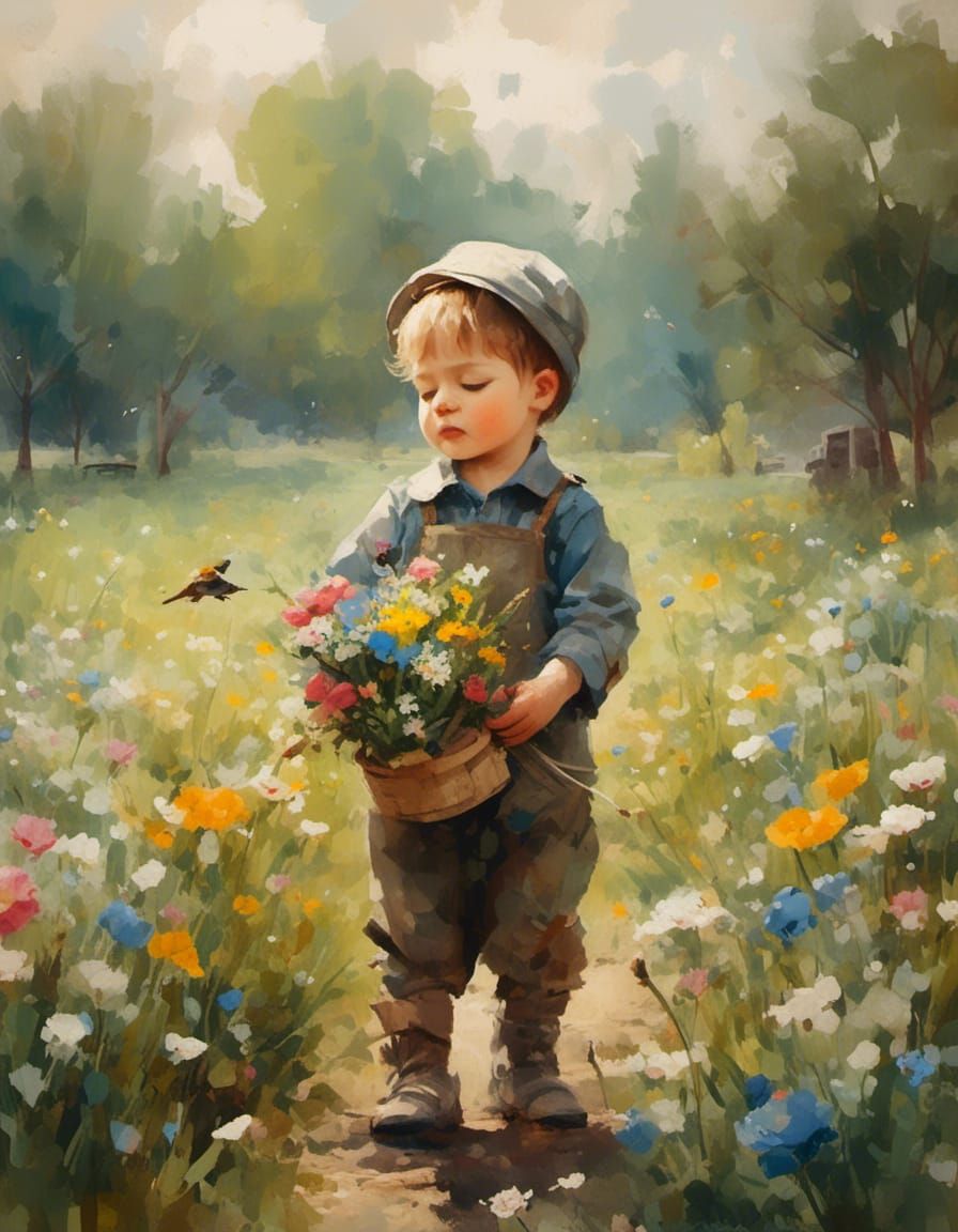 Boy Picking Flowers: Impressionist Gouache Style