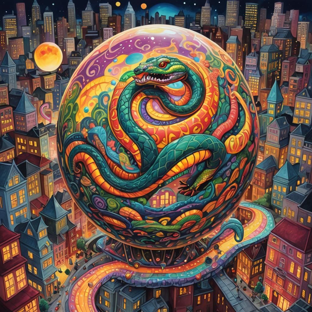 Glowing Orb with Two-Headed Snake Gouache Art