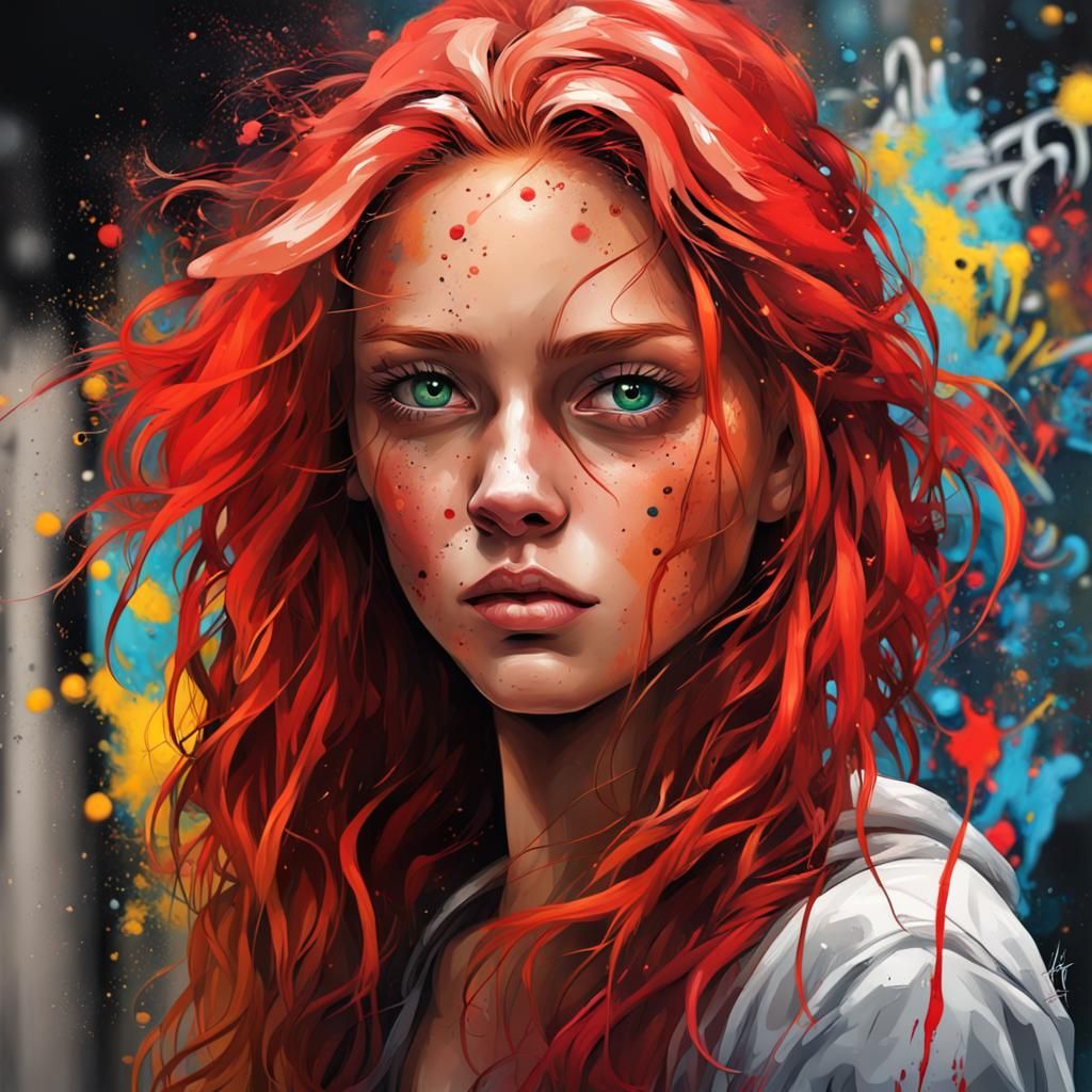 Hazel-Eyed Woman with Red Hair in Graffiti Art