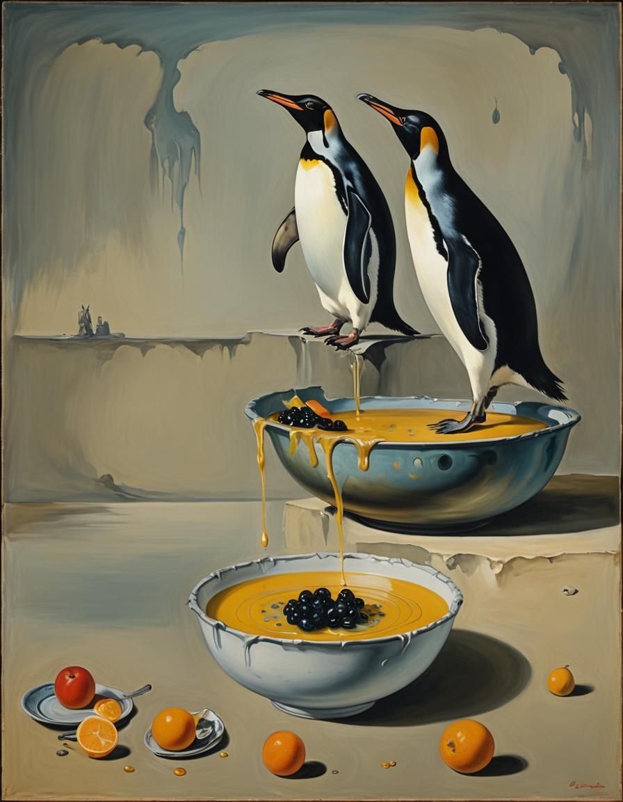 Penguin in Soup: A Surreal Oil Painting