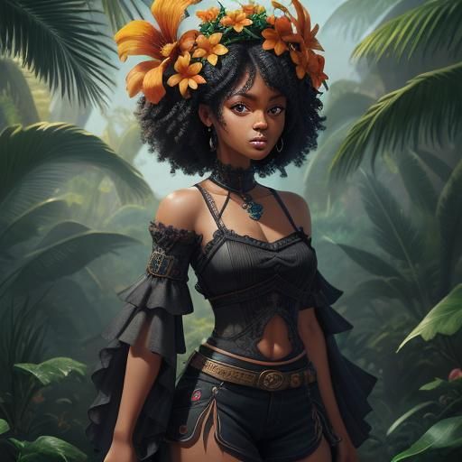 Cute Chibi Girl with Tropical Flower in Digital Art Style