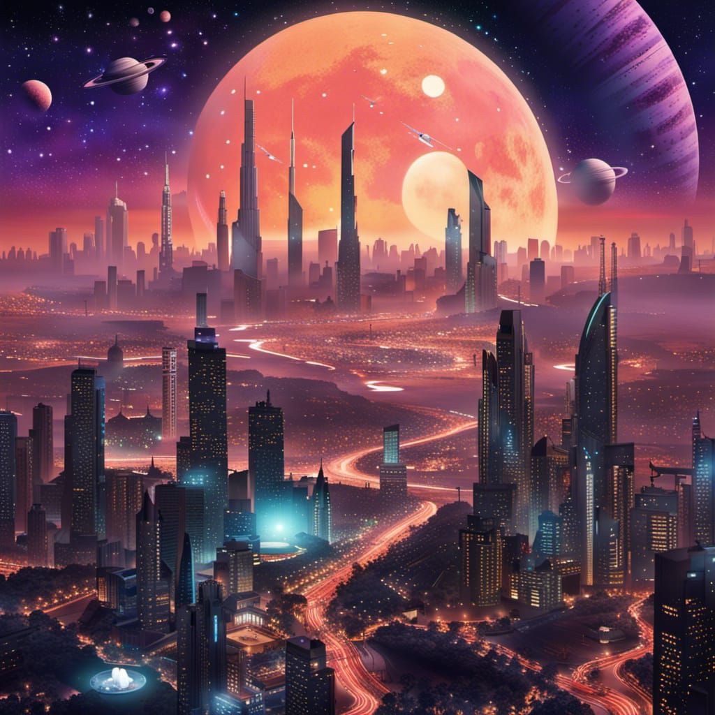 Neon Retro Futuristic Cityscape with Alien Planet