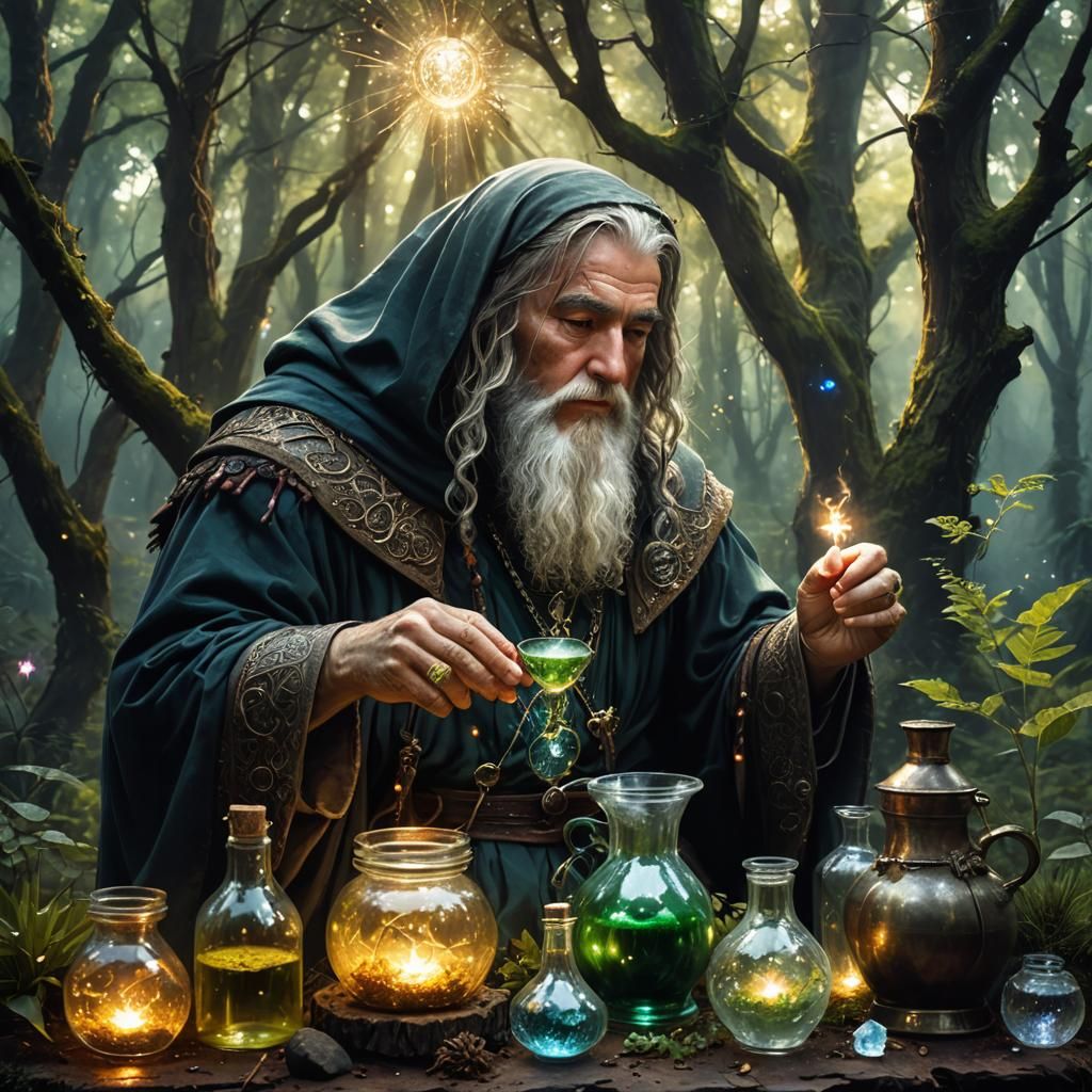 Medieval Druid Brewing Potion in Forest, Fantasy Art