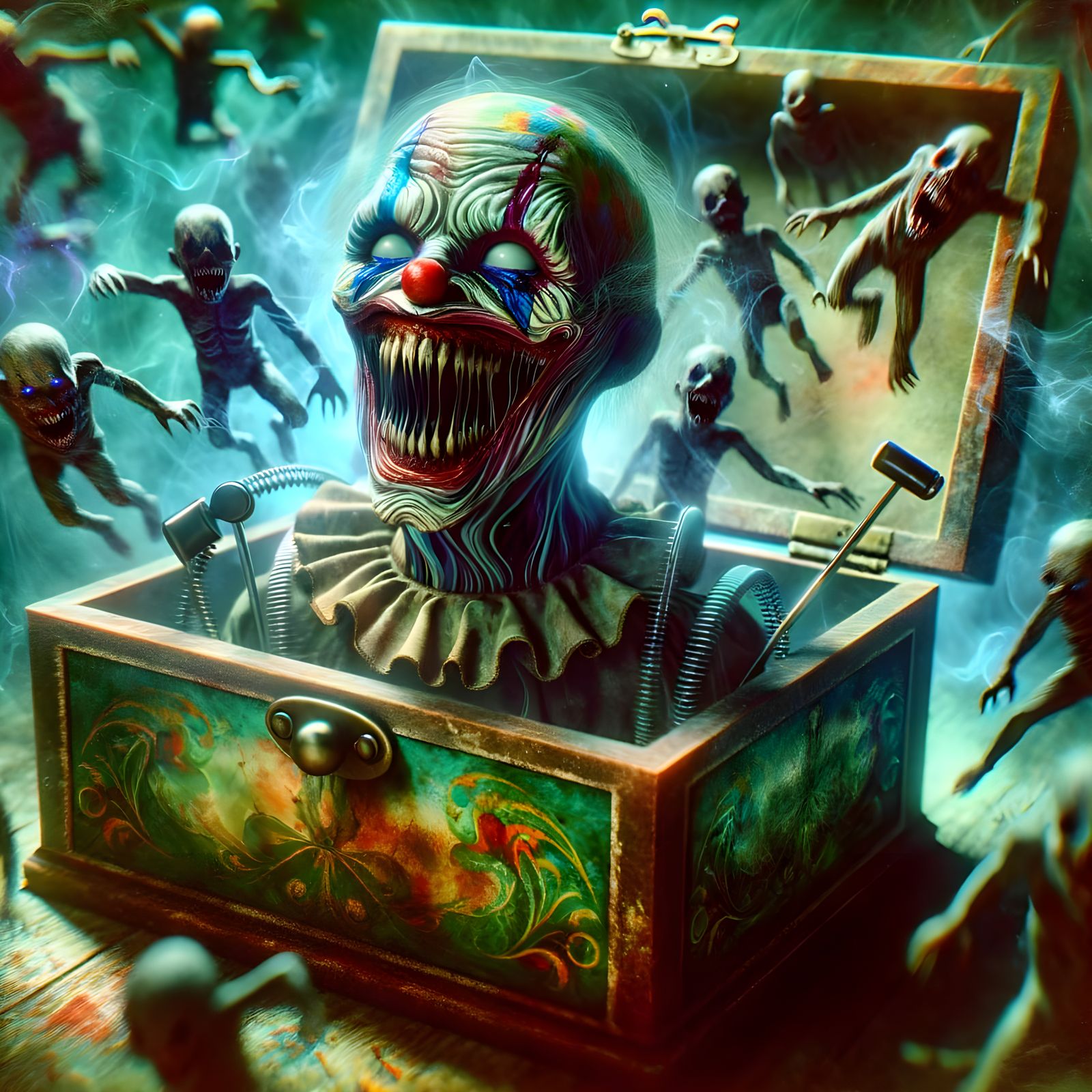 Haunted Music Box With Zombie Clown and Sinister Shadows