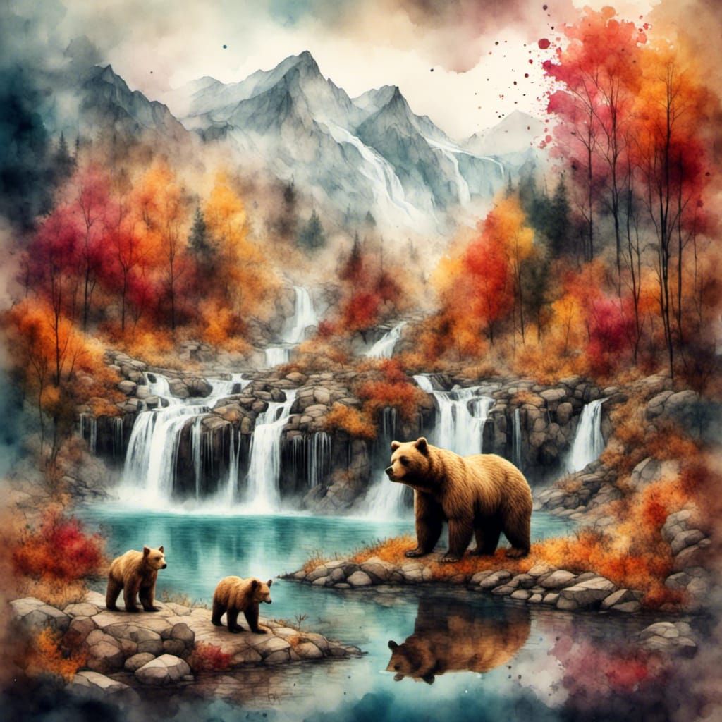 Bear Family at Pond in Autumnal Landscape