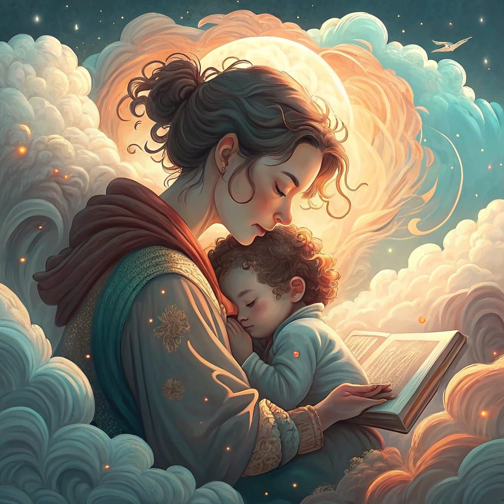 Ethereal Embrace: Mother and Child in Dreamlike Art