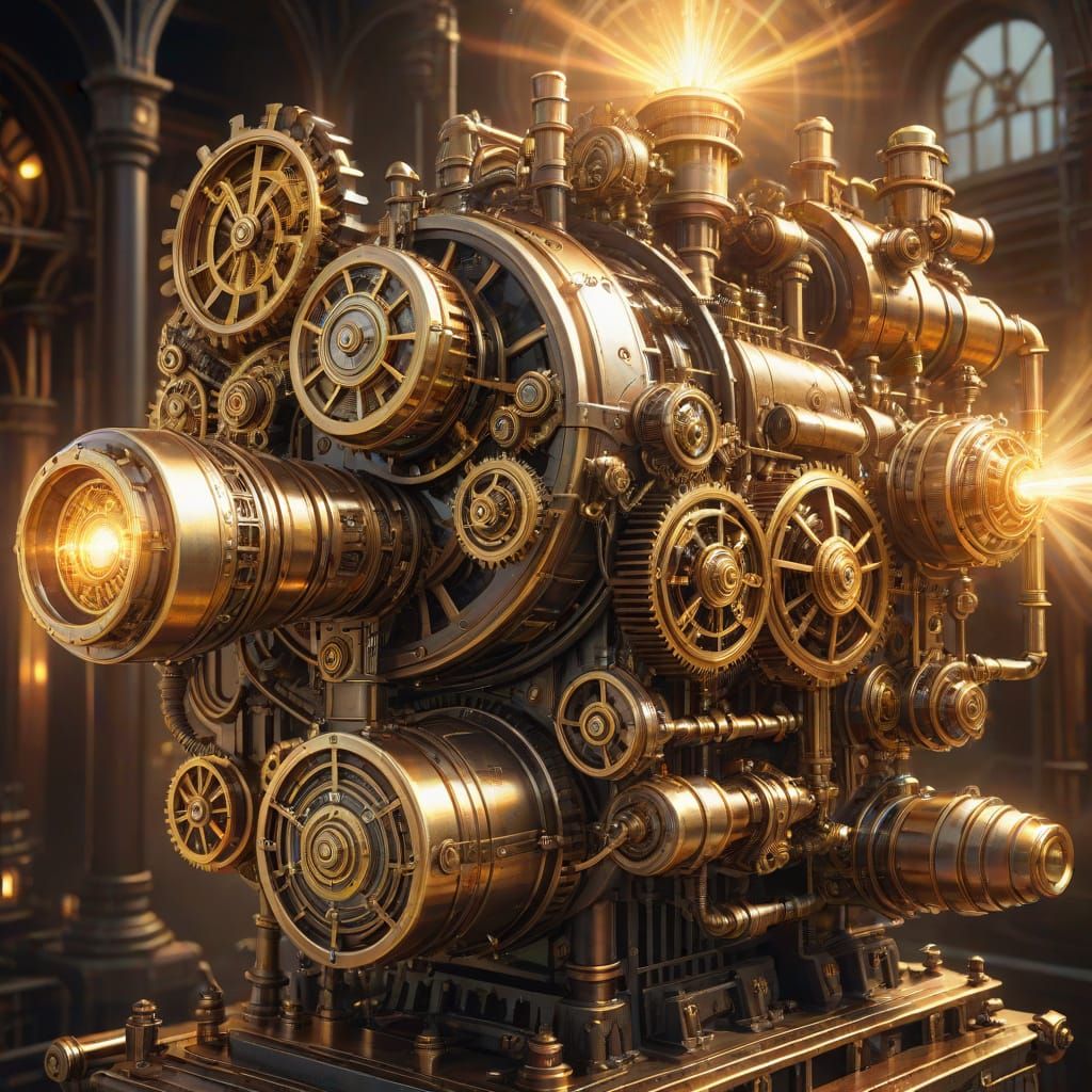 Steampunk Engine Radiates Divine Golden Energy