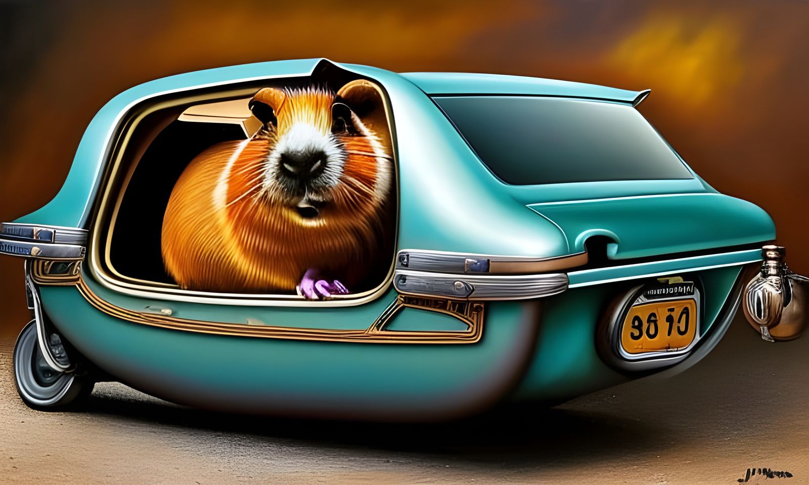 guinea pig in retro bubble car
