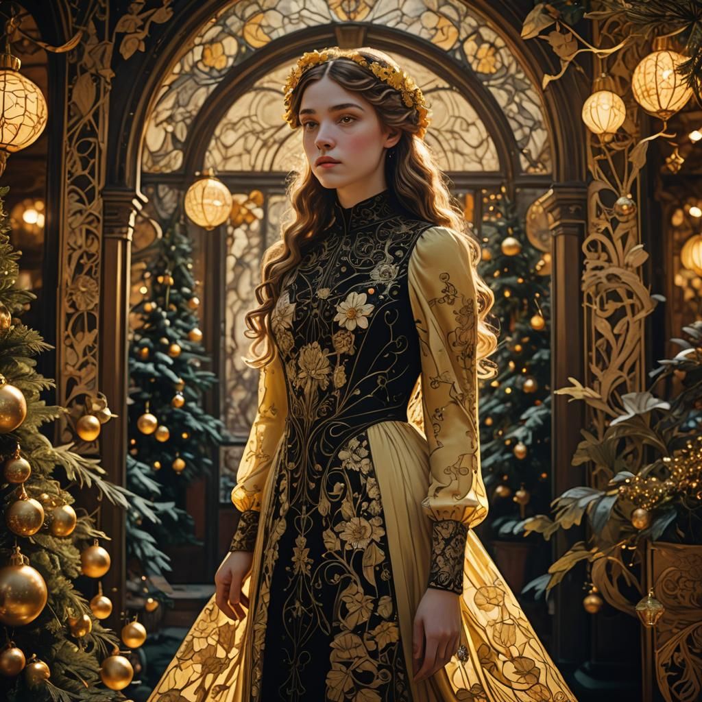 Art Nouveau Girl in Black and Yellow Dress