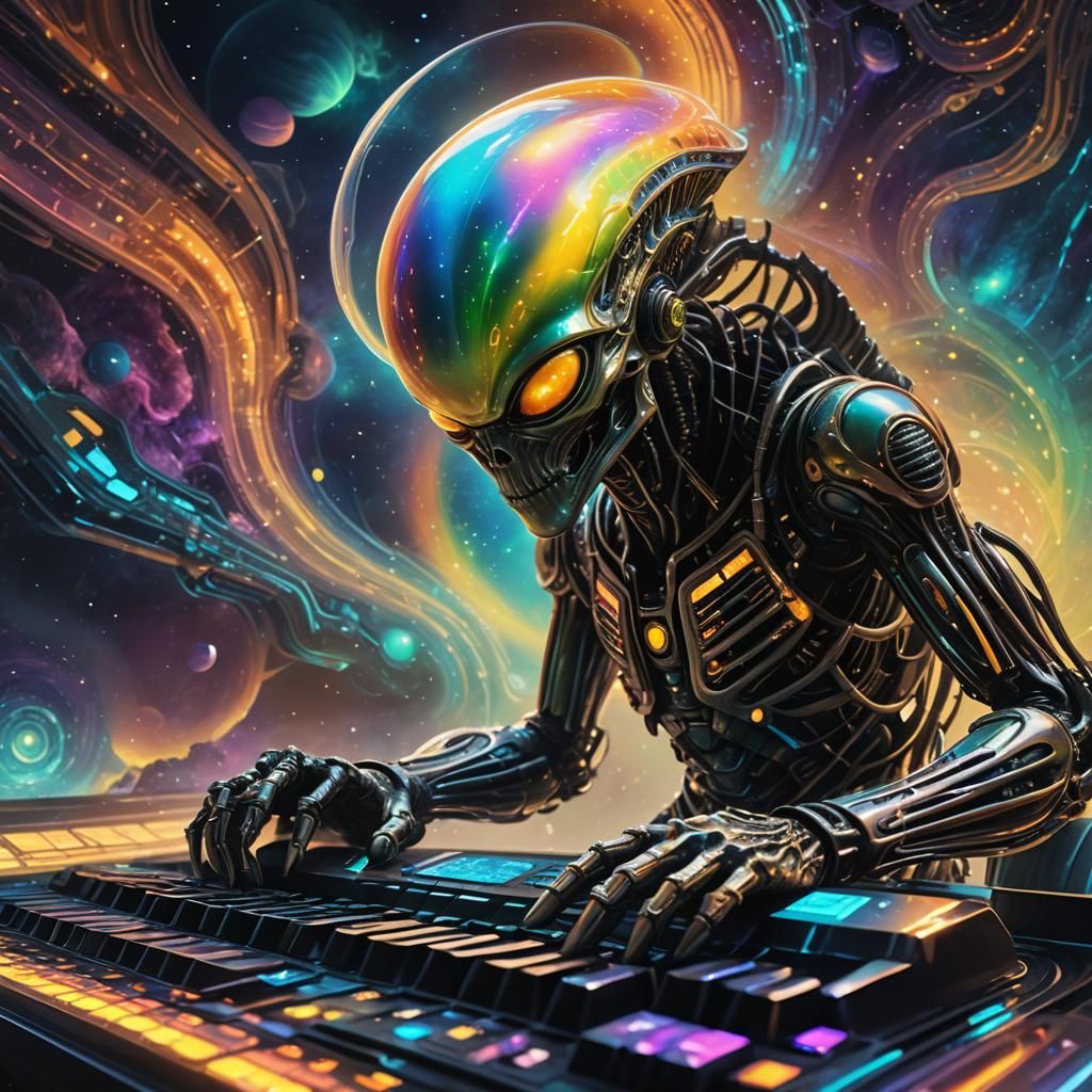 Surreal Alien with Keyboard Head in Nebula