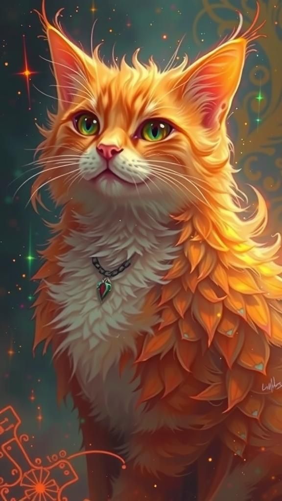 Mystical Cat with Phoenix Feathers in Dreamlike Realm