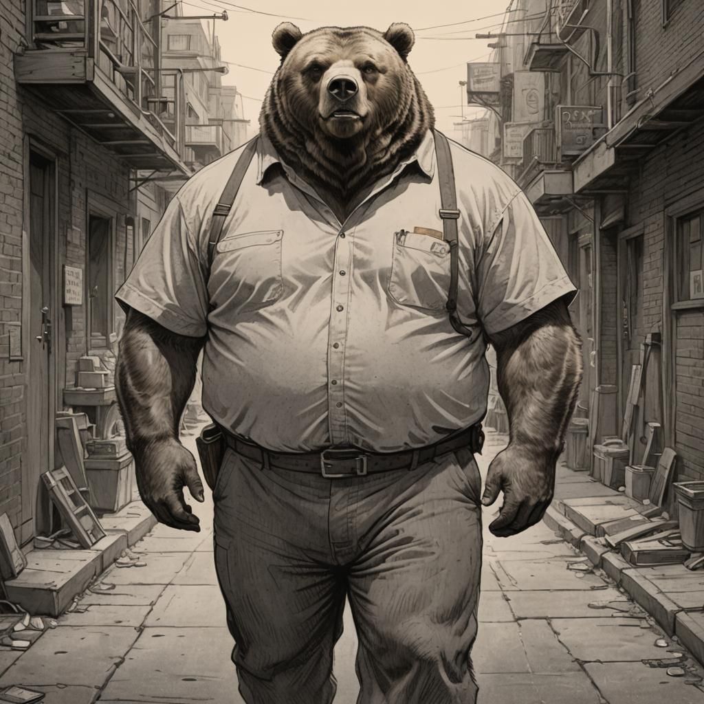 Grizzly Bear Worker Relaxing: Sketch Art Portrait