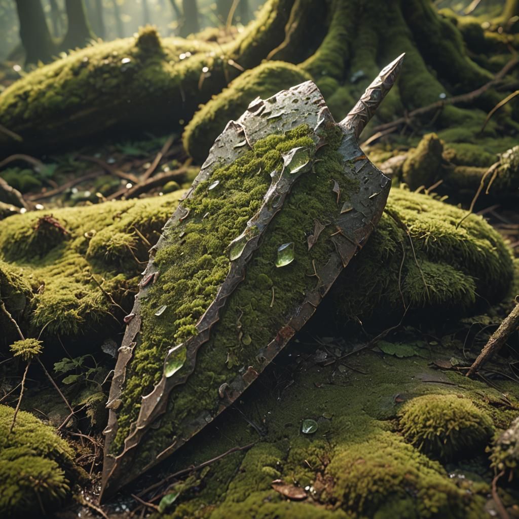 Moss-Covered Spearhead in Hyper-Realistic Digital Art