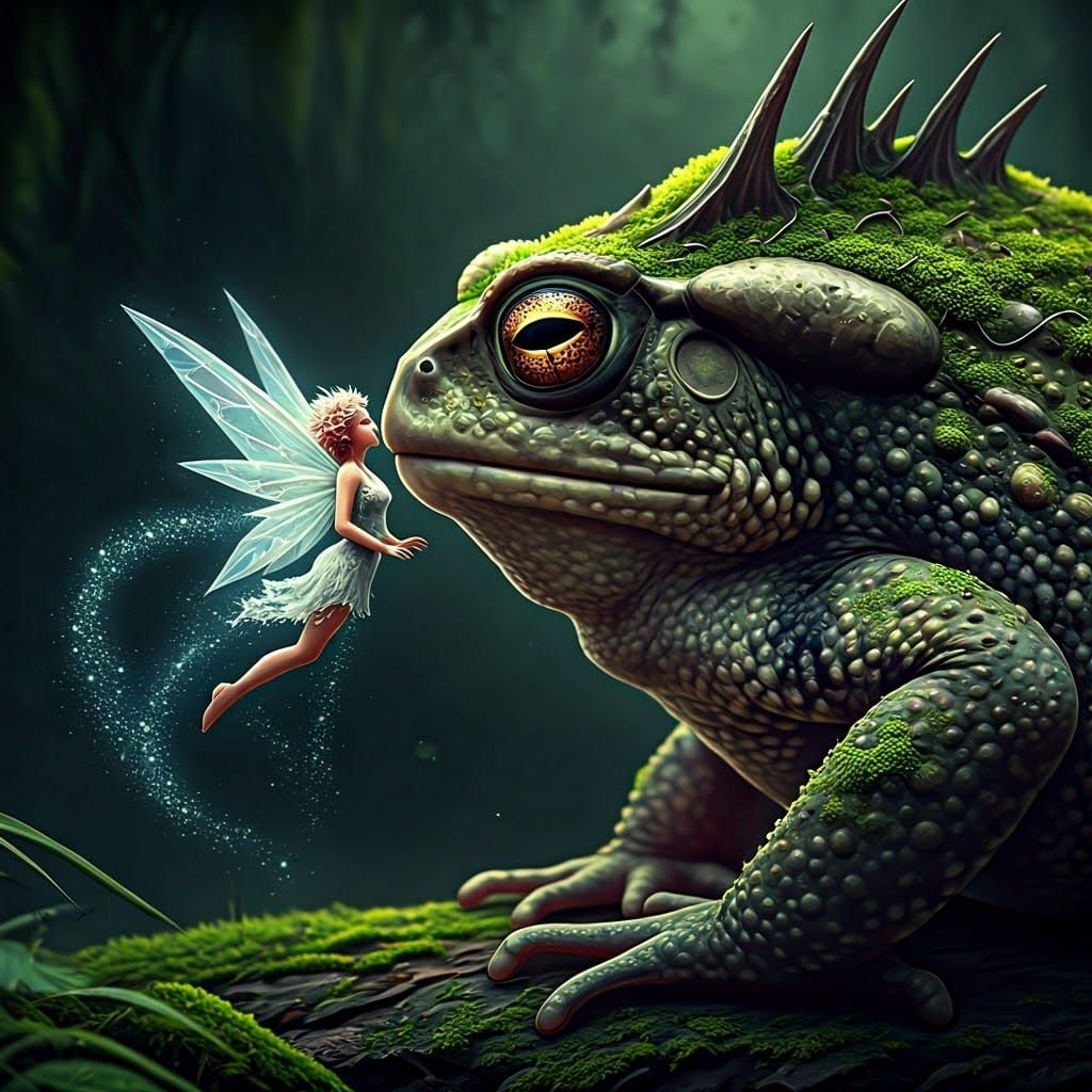 Fairy Confronts Dragon Toad in Surreal Macro Fusion