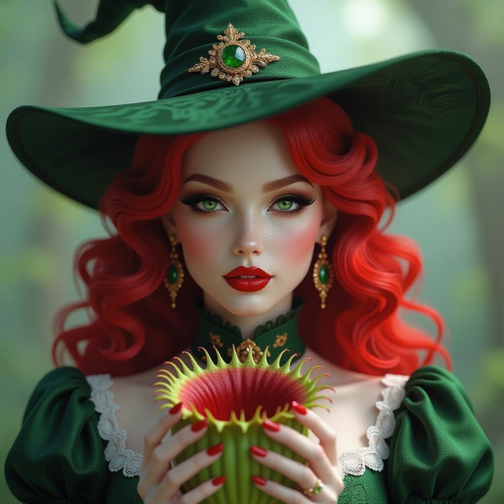 Albino Woman with Venus Flytrap in Art Nouveau Style