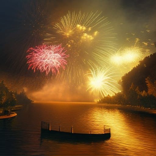 Fireworks Exploding Over River: Digital Matte Painting