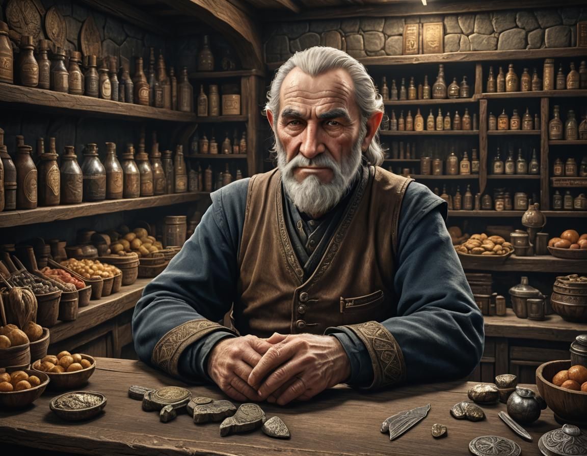 Detailed Skyrim Shopkeeper Portrait in Hyperrealism Style