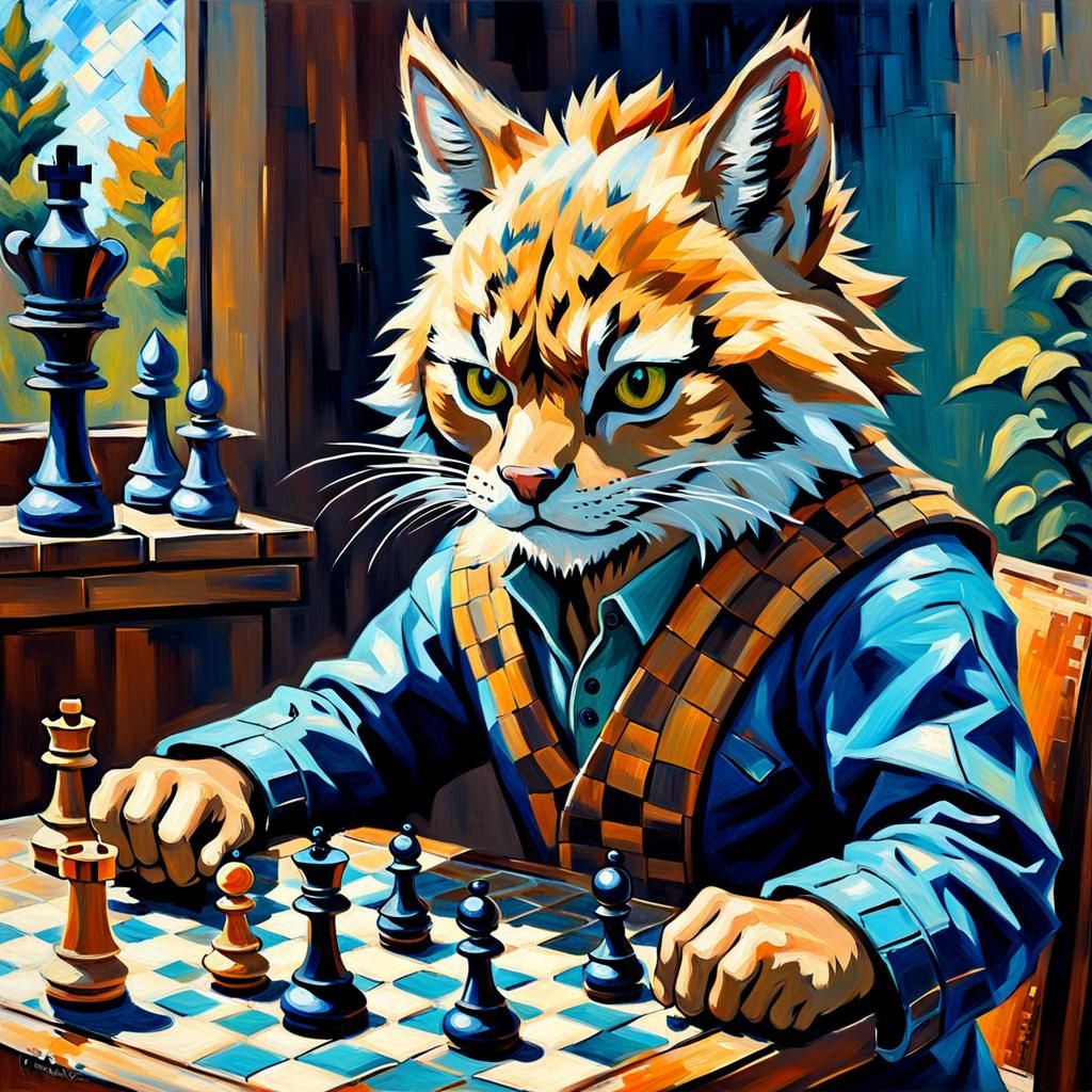 Catboy Kemono Plays Chess in Expressionist Style