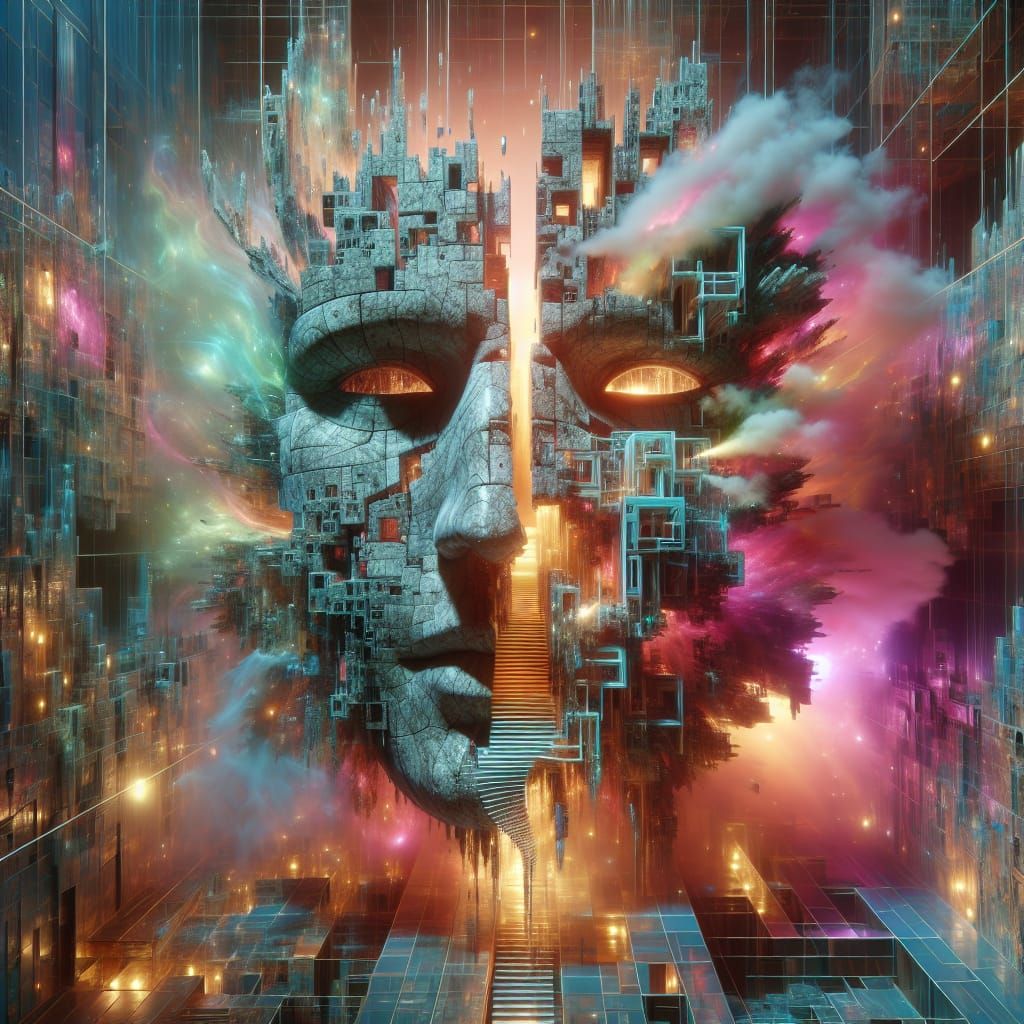 Fractured Mask Reveals a Synthwave City Labyrinth