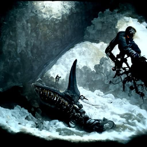 Scuba Diver Rides Megalodon in Dark Ocean Depths